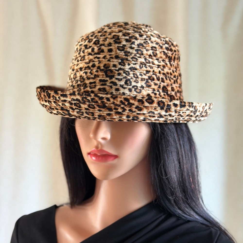 Vtg 90s Leopard Print Velvet Bucket Hat Brown Black Animal Print One Size Indie